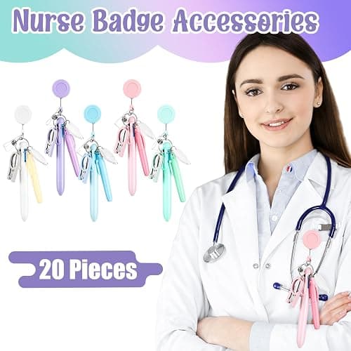 Trandraft 25 Pcs Nurse Pen Set Nurse Badge Accessories Mini Retractable Ball Pens Highlighter Badge Clip LED Keychain Folding Scissors (Pastel Color) thumbnail 5