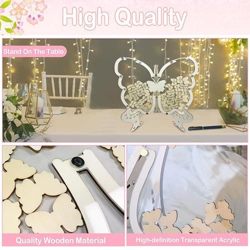 MeiWuKaBH Wooden Butterfly Guest Book Wedding Guest Book Alternative 80 Butterflies Comes with a Signature Pen Wedding Decorations for Reception Wedding Signs for Anniversary Ceremony thumbnail 3