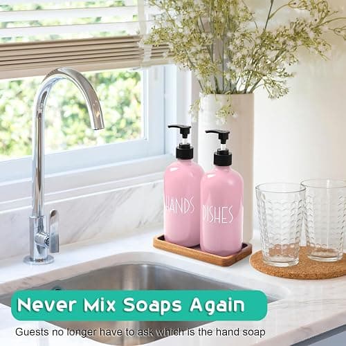 ALELION Dish Soap Dispenser for Kitchen - 16 OZ Glass Hand Soap Dispenser Set with Acacia Wood Tray - Pink Kitchen Bathroom Decor and Accessories thumbnail 2