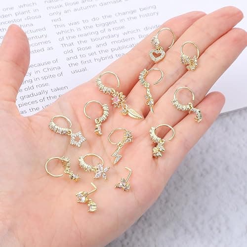 20pcs Dangle Nose Ring For Women 20g L Shaped Dangling Nose Stud Cz Heart Moon Star Butterfly Noses Rings Hoops Dangling Dangle Noses Piercing Jewelry thumbnail 7
