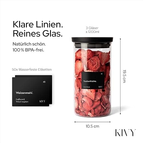 KIVY Vorratsgläser mit transparenten Glasdeckel [3x 1200ml] Luftdichte & Stapelbare Vorratsgläser mit Deckel Luftdicht - Vorratsdosen Glas mit Deckel - Vorratsglas mit Deckel - Aufbewahrungsgläser thumbnail 2