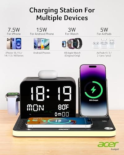 acer 7-in-1 Wireless Charging Station: Charger Stand for Multiple Devices for Apple - iPhone 16 15 14 13 12 Pro Max Apple Watch Airpods, Wireless Charger iPhone Charging Station with Bluetooth TimeSyn thumbnail 5