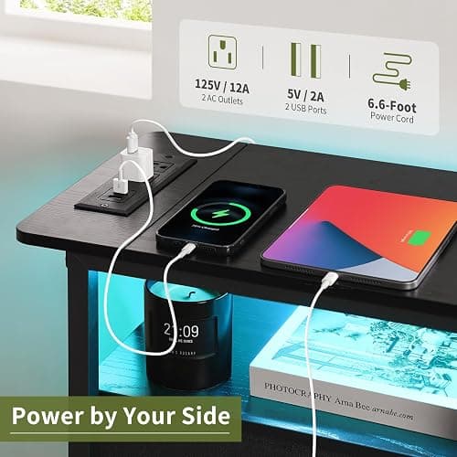 Yoobure End Table with Charging Station, LED Narrow Side Table Bedside Table, Small Night Stand End Tables Living Room, Skinny Nightstand with 3 Fabric Drawers, Side Tables Bedroom for Small Spaces thumbnail 5