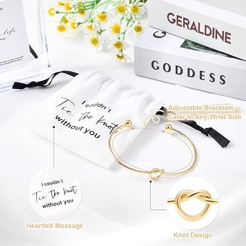 CEELGON 8 Pcs Jewelry Pouch Bridesmaid Gifts Set - 4 Linen Cotton Small Drawstring Bags & Knot Bracelet - Jewelry Packaging for Proposal, Bridal Party Favors (Gold) thumbnail 3