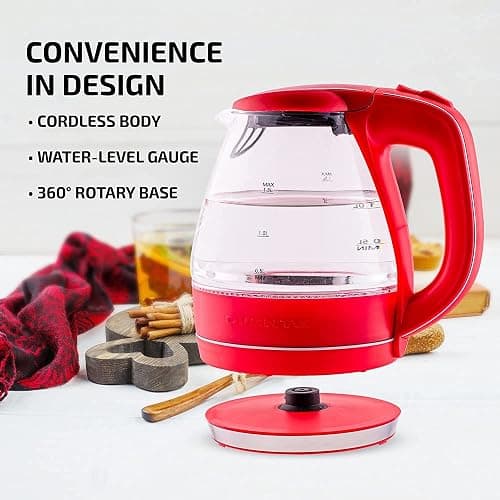 OVENTE Electric Kettle, 1.5L Borosilicate Glass Countertop Water Heater and Boiler for Coffee or Tea, BPA-Free, Auto Shut-Off, Boil-Dry Protection, Removable and Washable Spout Filter, Red KG83R thumbnail 5
