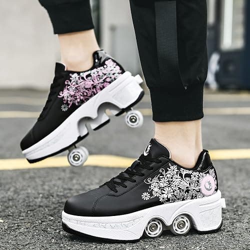 Roller Skate Shoes for Women Four Rounds Children's Roller Skates Shoes That Turn into Rollerskates Sneakers Outdoor Light Shoes with Wheels for Girls/Boys thumbnail 2