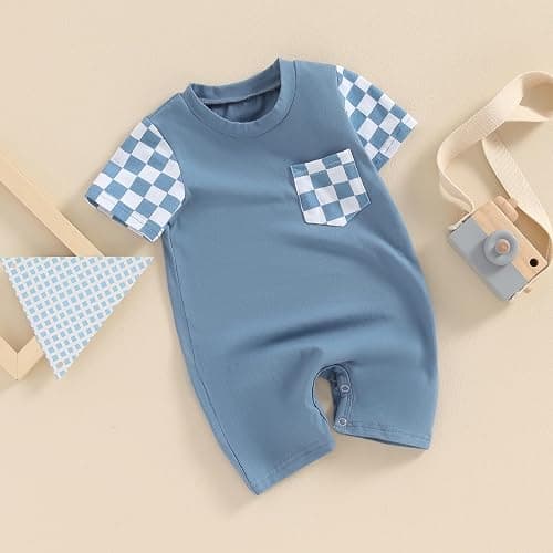 Karuedoo Newborn Baby Boy Girl Clothes Checkered Plaid Romper Jumpsuit Short Sleeve One-Piece Bodysuit Infant Summer Outfit thumbnail 3