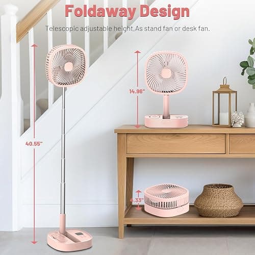 Dhenrio Portable Oscillating Pedestal Fan with Romote, 4 Speed 120° Telescopic Rotation Foldable Standing Collapsible Fans, 7200Mah Rechargeable, Quiet Timer DeskFan for Travel Camping Home, Pink thumbnail 3