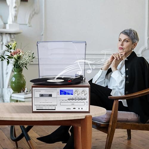 Bluetooth Record Player with 3 Speed Turntable CD Cassette USB SD AM FM Radio Remote Control and Built in Speakers for Home Entertainment and Vintage Vinyl Enjoyment - Silver-Brown thumbnail 7