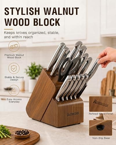 Astercook Knife Set, 15 Piece German Steel Kitchen Knife Set with Built-in Sharpener, One-Piece Knife Block Set Rust-Resistant Dishwasher Safe Block Knives Set for Cooking & Gift (Walnut Brown) thumbnail 7