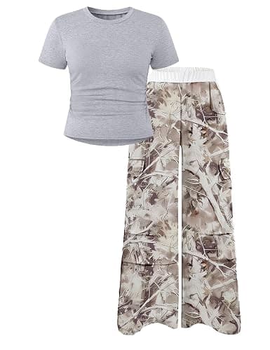 Qetobolly Girls Clothes 2PC Summer Outfits Pleated Short Sleeve Top and Camo Wide Leg Pants Set Kids Clothes Girls 6-16 Year - Image 1