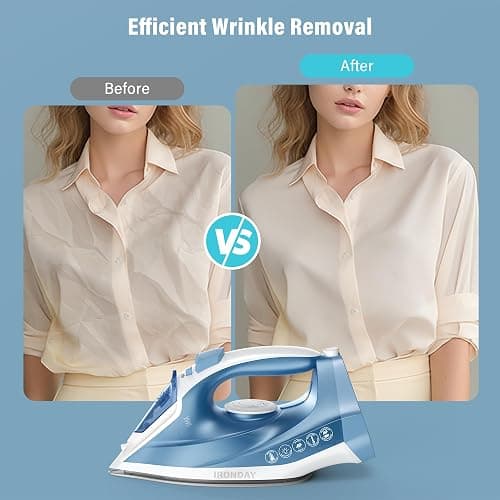 IRONDAY Steam Iron for Clothes Fast Heating, 1200W Iron with Non-Stick Ceramic Soleplate, Self-Cleaning, Burst of Steam, Spray Mist, 7.03oz Water Tank Ironing Clothes for Home, Blue thumbnail 8