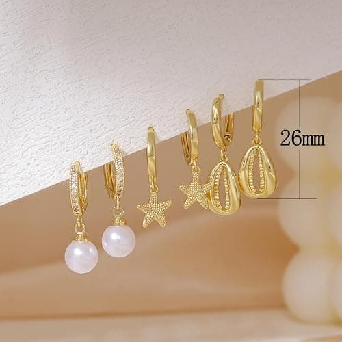 SELFROSE Gold Earrings Set For Women,Summer Starfish Shell Pearl Dangle Earrings Set For Women Trendy Cute Hoop Drop Earring Stack Fashion Beach Jewelry Gifts thumbnail 3