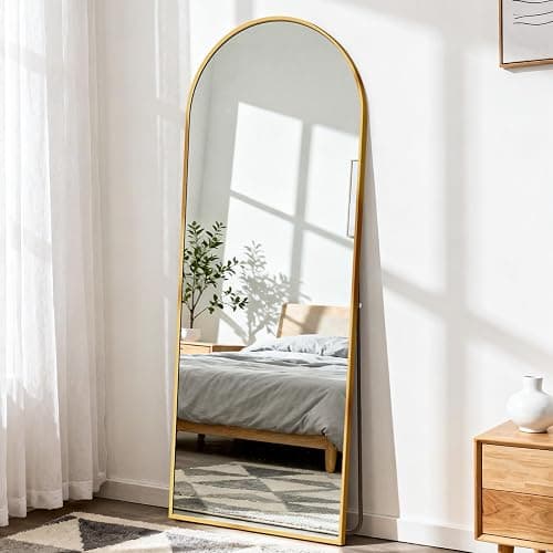 DUMOS Arched Full Length Mirror with Stand Floor Standing Aluminum Frame for Bedroom Body Hanging Leaning Modern Simple Home Decor Shatter-Proorf Nano Glass Wall Living Room Cloakroom Gold 56"x15" thumbnail 6