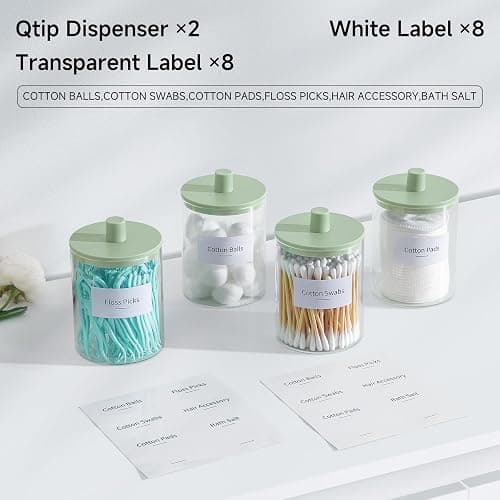 TIPGO Glass Qtip Holder Dispenser for Bathroom - 10 oz Clear Canister Apothecary Jar for Cotton Swabs, Balls, Pads, Floss Picks, Small Containers for Makeup Storage Organizer (2 Pack, Green) thumbnail 4