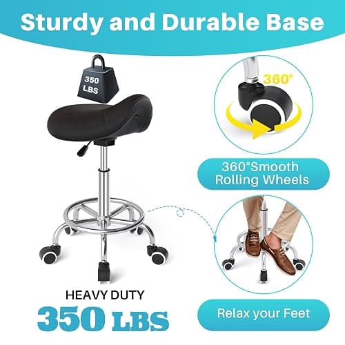 YEEZEE Saddle Stool Ergonomic- Comfortable Rolling Saddle Stool with Wide Thick Saddle Seat Padding, Swivel Adjustable Saddle Chair with Wheels and Ring Pedal for Medical Massage Salon (Dark Black) thumbnail 7