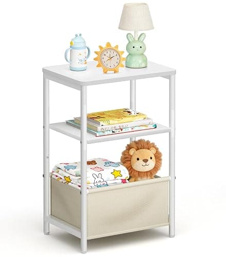 MISSLO Toddler Nightstand with Storage Basket Kids Night Stand with Large Tabletop Nursery Side Table for Living Room Easy Assembly Small End Tables for Small Spaces Toddler Bedroom Decor, White - Image 1