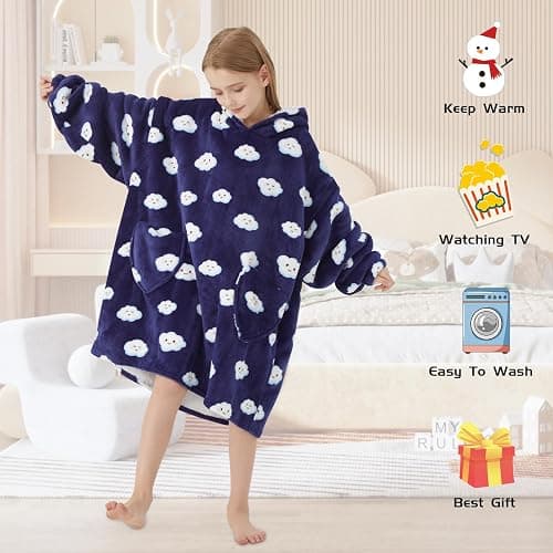 Mewkou Wearable Blanket Hoodie for Kids Oversized Sherpa Blanket Hoodie for Kids Boys Girls Teens 6-13YR,Navy Blue Cloud thumbnail 3