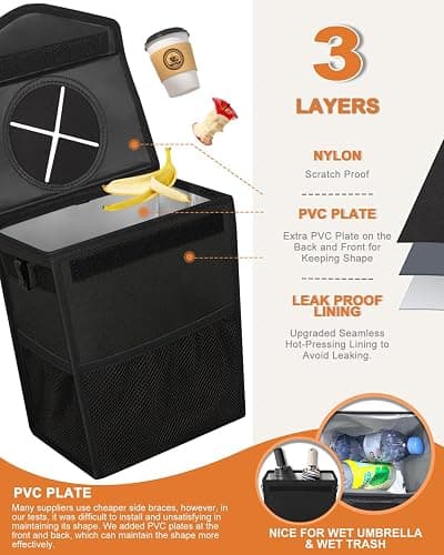 Pritent Car Trash Can with Lid, Cute Leakproof Car Trash Garbage Bag Hanging Vehicle Trash Bin Small Portable Automotive Garbage Cans Organizer for Back/Front Seat/Console(Trapezoid,Black) thumbnail 3