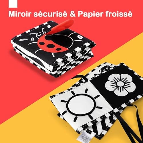 URMYWO Livre Noir Et Blanc Bébé, Jouet Éveil Bébé 0-12 Mois,Tummy Time Bébé | Jeux Bébé Montessori, Livre Tissu Bébé Éveil, Cadeau Naissance, À Fort Contraste, Éveil Visuel, Lavable, À Suspendre thumbnail 7