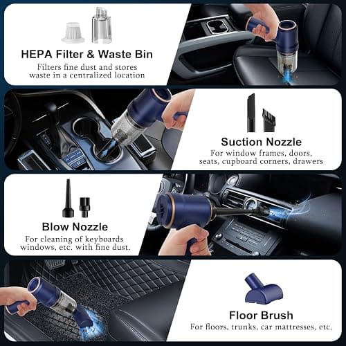 KMM Handheld Car Vacuum Cleaner, 9000Pa Vacuum Cleaner and Air Duster, 120W High Power Hand Held Vacuum with LED Light and Multi-Nozzles for Car, Home, Office, Pet thumbnail 6