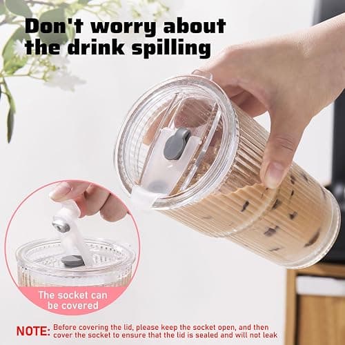 GOSCHE 20oz Glass Cups with Lids and Straws, Ribbed Iced Coffee Cups, Thickened Glass Tumbler Set Ideal for Coffee, Smoothies, Cocktails, and Juices, Clear, 4 Pack thumbnail 4
