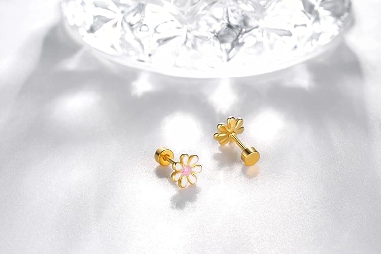 Onnzin Titanium Daisy Flower Earrings,Hypoallergenic Earrings for Sensitive Ears,Pure Titanium Implant Grade Stud Screw Back Girls Women Teen 7mm thumbnail 5