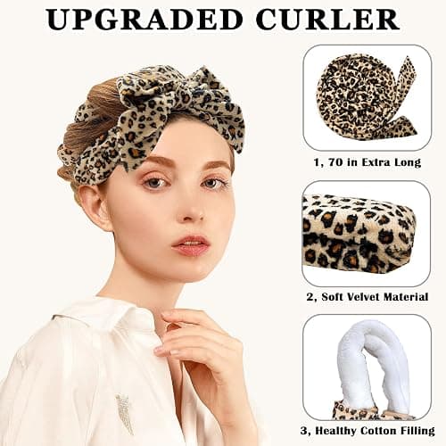 Gwabee No Heat Overnight Curl Headband - 70" Soft Ribbon Wrap for Long Hair, 9 PCS Curling Rods Set - Leopard Print Curls Headband thumbnail 3
