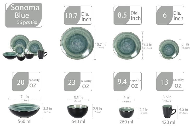HomeVss, Stoneware Sonoma Dinnerware Set, Black + Speckled Spin Wash (56pc Set, Blue) thumbnail 2