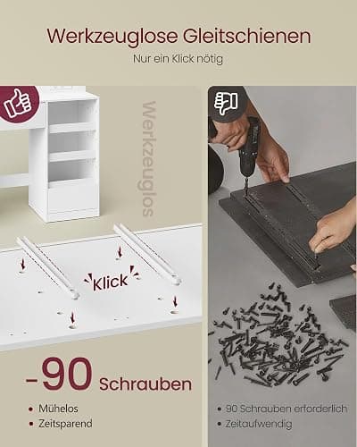 VASAGLE Kailyn Kollektion - Schminktisch mit Spiegel und LED-Leuchten, Steckdosenleiste, 9 Schubladen, 9 dimmbare Glühbirnen, 3 Lichtfarben, werkzeuglose Gleitschienen, wolkenweiß RDT141WB02 thumbnail 3