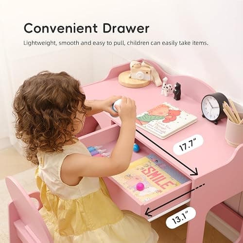 OOOK Kids Study Table and Chair Set, Wooden Kids Desk and Chair Set, Toddler Art Desk with Storage, Children Writing Table for 5-12 Years Old, Home School Use, Pink thumbnail 5