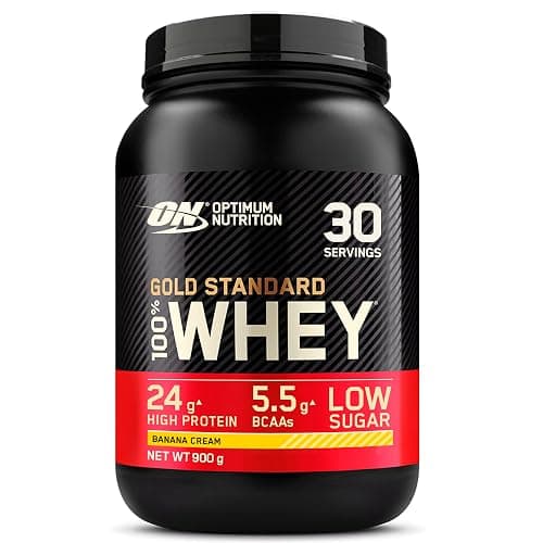 Optimum Nutrition Gold Standard 100% Whey Muscle Building and Recovery Protein Powder With Naturally Occurring Glutamine and BCAA Amino Acids, Banana Cream Flavour, 30 Servings, 900 g - Image 1