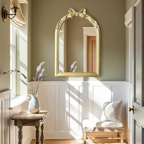 iyabat 36x24 Arched Gold Bow Wall Mirror, Vintage Vanity Mirror for Bathroom & Bedroom Decor, Antique French Style Engineered Wood Frame with Ribbon Knot, Cute Coquette Aesthetic thumbnail 7