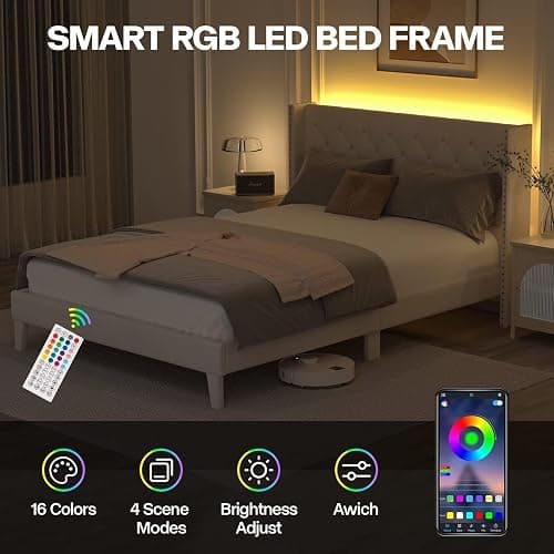 DOGIBIXO Queen Size Bed Frame with LED Lights, Upholstered Bed Frame with Wingback Diamond Tufted Headboard, Wood Slats Support, Noise-Free, Easy Assembly, No Box Spring Needed, Beige - Beige - Queen thumbnail 3