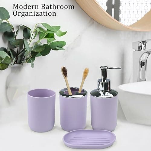 CERBIOR Bathroom Accessories Set 6 Piece Bath Ensemble Includes Soap Dispenser, Toothbrush Holder, Toothbrush Cup, Soap Dish for Decorative Countertop and Housewarming Gift (Purple) thumbnail 6