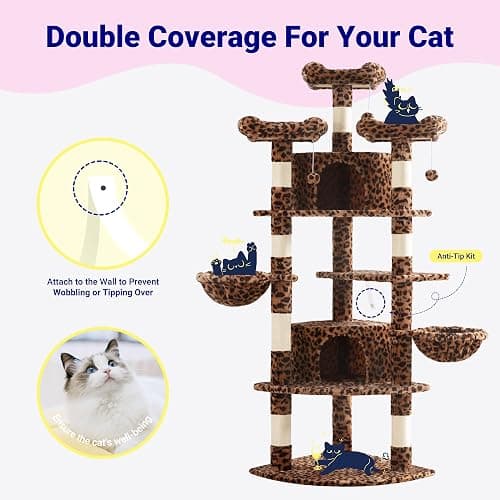 Allewie 73in Fan-Shaped Space-Saving Corner Cat Tower/Multi-Level Tall Cat Tree for Indoor Kitties/Cozy Baskets/Condos/House/Perches/Sisal Scratching Posts/Pet Activity Center/Leopard Print thumbnail 2