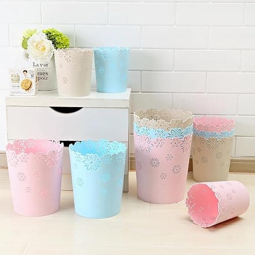 Mini Wastebasket 1.8 Gallons Small Pink Trash can Room Decor Hollow Flower Shape Plastic Lidless Round Garbage Container Bin for Bathroom, Kitchen, Bedroom, Home Office, College Dormitory (Pink, M) thumbnail 8