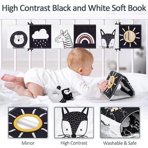 Joyreal Giochi Neonato 0-12 Mesi - Giochi Spirale Passeggino, Stoffa Libro Bianco e Nero Neonati, Sonaglio Sensoriali Montessori Regalo thumbnail 3