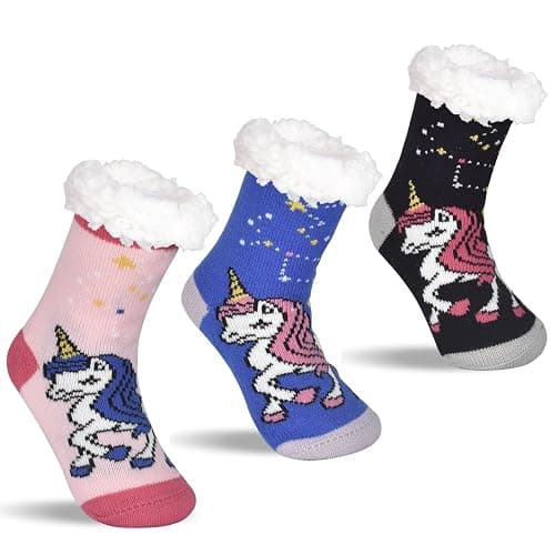 FENELY 3 Pairs Winter Kids Fuzzy Slipper Socks 2-4/4-6/6-8 Girls Boys Thermal Warm Non-Skid，Gifts for Christmas Stocking - Image 1