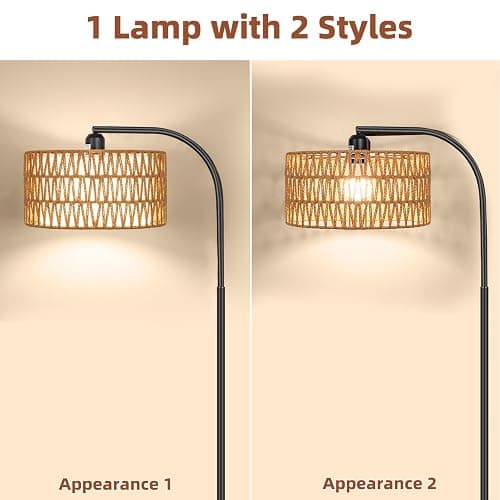 Brilvibera Rattan Floor Lamps for Living Room, Boho Standing Lamps with Rattan& Linen Double Shades, Arc Lamps Floor Standing with 9W Bulb, Foot Switch, Bohemian Floor Lamps for Bedroom, Office thumbnail 2