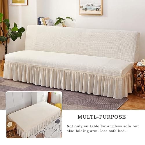 Daunkang Futon Cover Slipcover Removable Armless Sofa Bed Slipcovers Full Size with Skirt Ruffled Knitted Futon Sofa Cover Furniture Bed Protector with Elastic Bottom S White thumbnail 2