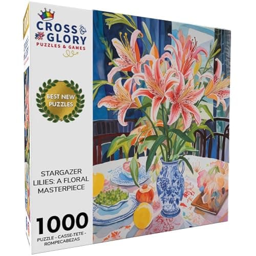 Cross & Glory - Stargazer Lilies: A Floral Masterpiece - 1000 Piece Jigsaw Puzzle for Adults | Best New Floral Artwork Puzzle | Unique Brain Teaser thumbnail 3
