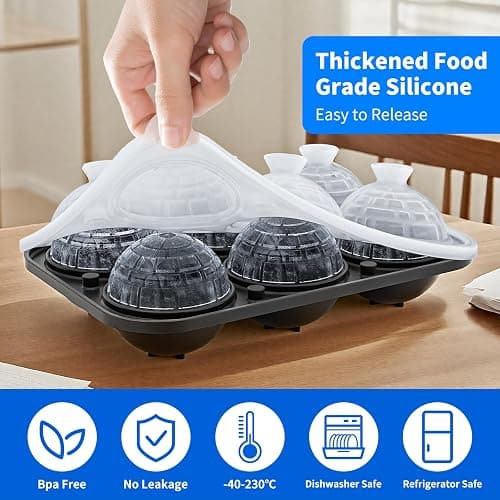6 Chamber 2.34" 3D Death Star Ball Ice Cube Tray With Funnel,Large Round Ice Ball Molds Silicone Fun Shapes Whiskey Circle Ice Tray,For Chilling Whiskey,Cocktails,Bourbon,Brandy and Beverages thumbnail 6