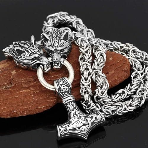 GuoShuang Wolf Head with Thor Mjolnir Pendant Necklace Stainless Steel - King Chain thumbnail 2