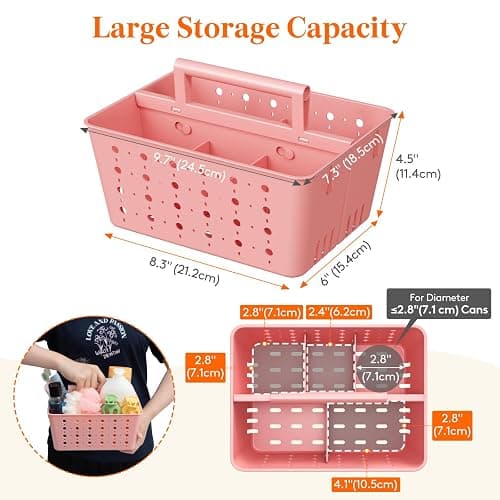 Lifewit Portable Shower Caddy with Handle, 1 Pcs Plastic Shower Caddy Dorm with Holes, Clean Organizer Basket for Bathroom, College, Dorm Room Essentials, Pink thumbnail 3