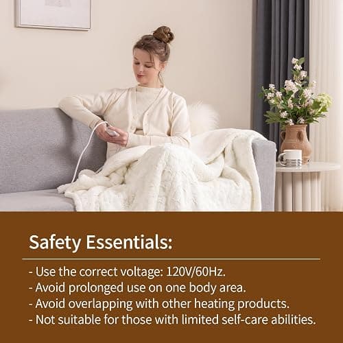Bearhug Heated Throw Blanket, 50"×60" Electric Throw, White Flower Patterns Faux Fur & Warm Sherpa, 4h Auto-Off Timer & 6 Heating Levels, ETL Certified, Machine Washable, Gift Box thumbnail 7