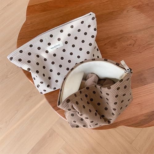Wudygirl Makeup Bag Makeup Pouch for Women Corduroy Cosmetic Bag Portable Travel Toiletry Bag Large Capacity Make up Organizer with Zipper（Beige Polka Dot） thumbnail 5
