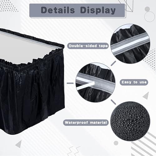 Tegeme 16 Pieces Black Plastic Table Skirts for Rectangle Tables, 14 ft x 29 in Disposable Ruffle Table Skirting with Adhesive Strip, Bulk Party Supplies for Wedding, Birthday, Baby Shower & Banquet thumbnail 4