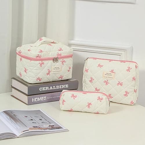 uekeboag Large Travel Quilted Makeup Bag for Women, Floral Cotton Cosmetic Bag, Coquette Aesthetic Floral Toiletry Organizer Bag thumbnail 4
