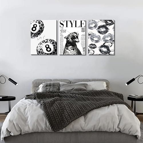 3Pcs Trendy Black and White Leopard Canvas Wall Art Fashion Lucky 8 Ball Lips Pictures Wall Decor Vintage Newspaper Cheetah Posters Prints for Bedroom Apartment Dorm 12x16in thumbnail 3
